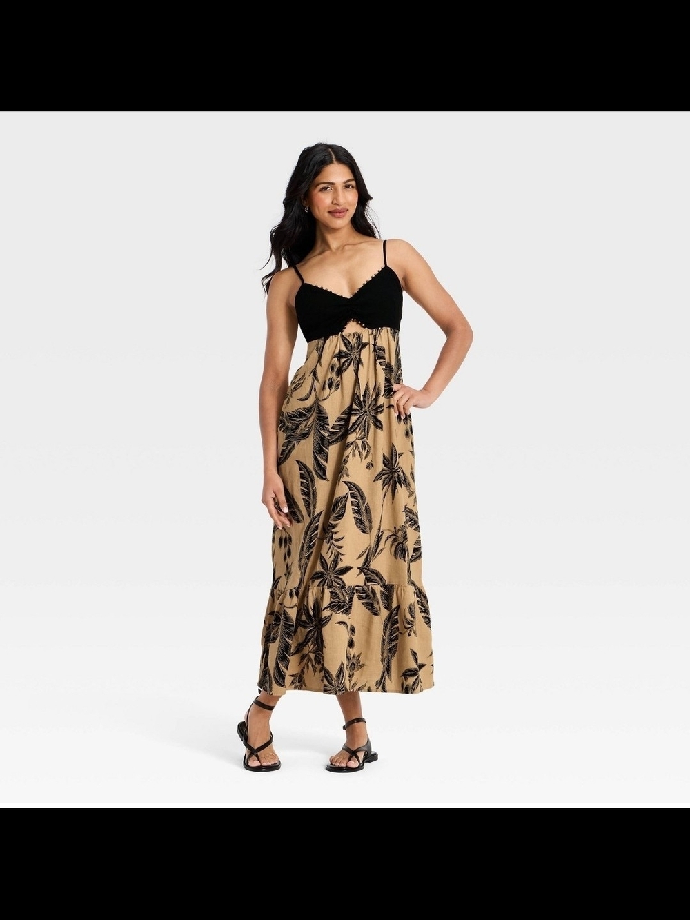 Womens Beaded Bodice, Black & Tropical Print Tan Maxi Dress -M-Linen Look